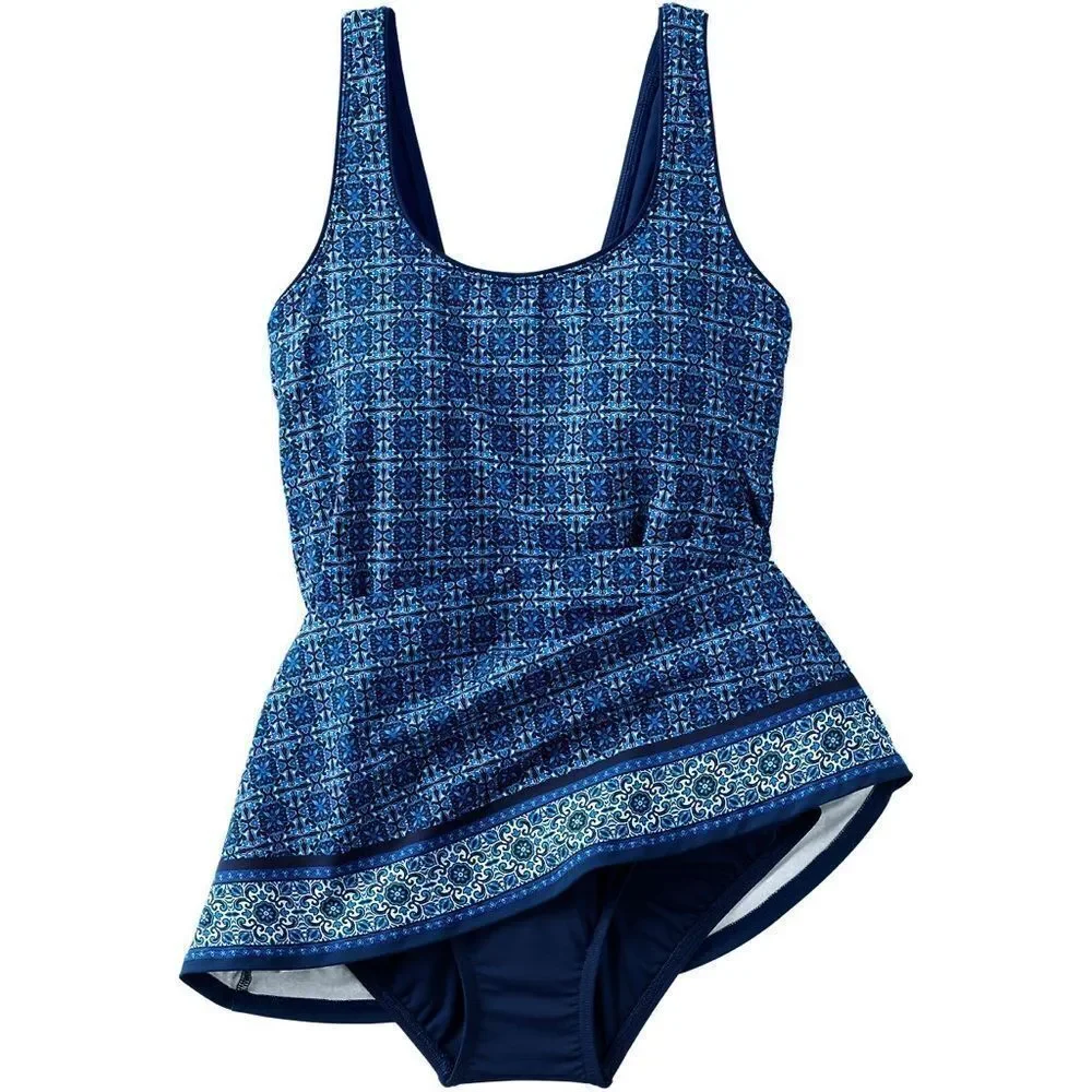 Land's End Plus Standard Scoop neck 1 piece navy cobalt mosaic Geo border Var